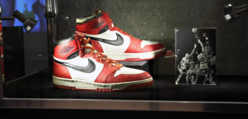 Michael Jordan's game-worn "Dunk Sole" Air Jordan 1 sneakers on display at Sotheby's in New York City in June 2021. Cindy Ord/Getty Images