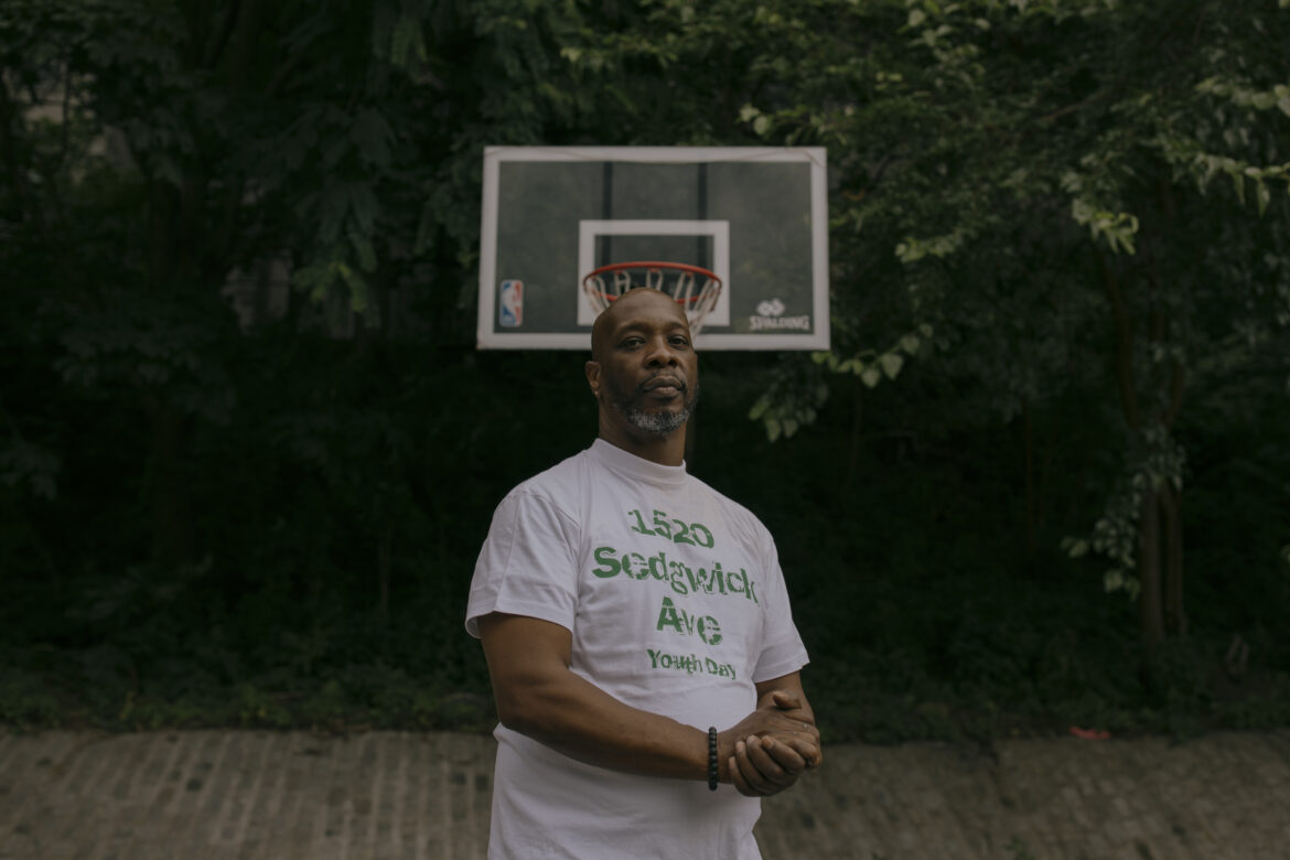 Jerry Leader, a resident of 1520 Sedgwick Avenue during his youth, stands for a portrait at a basketball court outside of 1600 Sedgwick Avenue — a park where DJ Kool Herc would often lead early hip-hop parties. José A. Alvarado Jr. for NPR