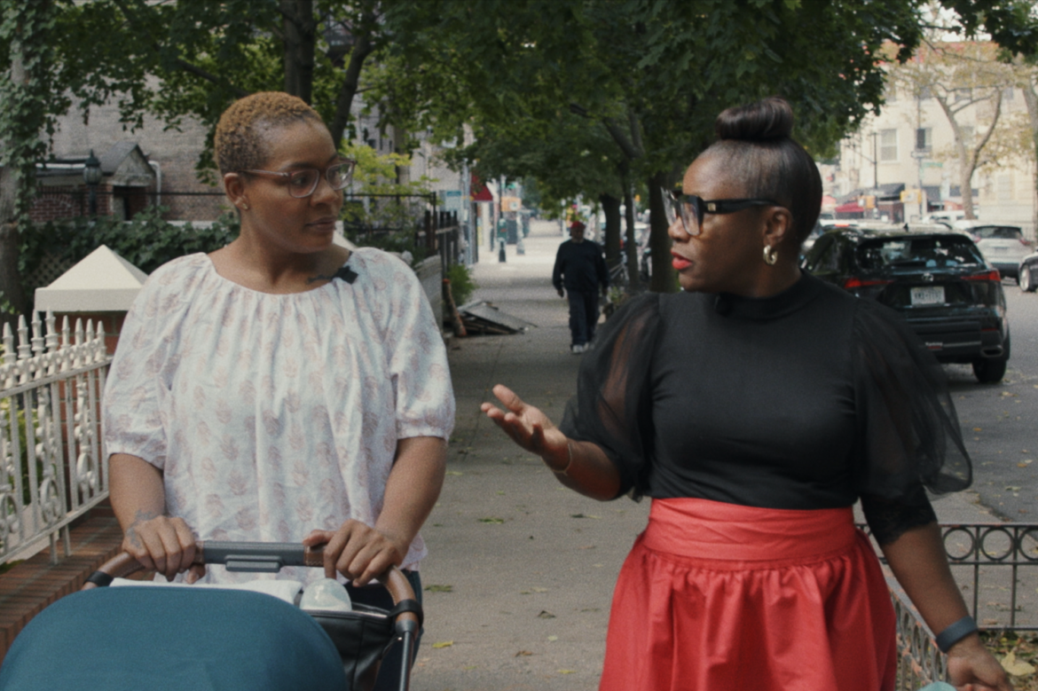 In this still from The Big Idea: Birth Without Bias, Kimberly Seals Allers reconnects with Adanna Atwell-Diallo, a mother who credits Irth's resources for helping her through pregnancy, birth and postpartum.
Tom Mason/The Big Idea: Birth Without Bias