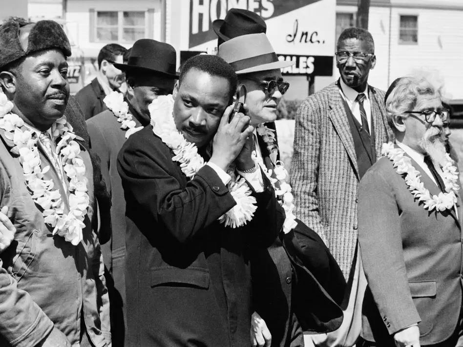 Civil rights activist Martin Luther King Jr marching from Selma to Montgomery, Alabama alongside Rabbi Abraham Joshua Heschel. William Lovelace/Daily Express/Hulton Archive/Getty Images