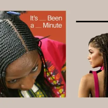 A woman sits while her hair is braided; Zendaya with a braided hairstyle