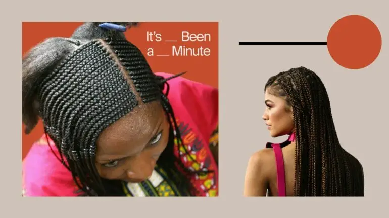 A woman sits while her hair is braided; Zendaya with a braided hairstyle