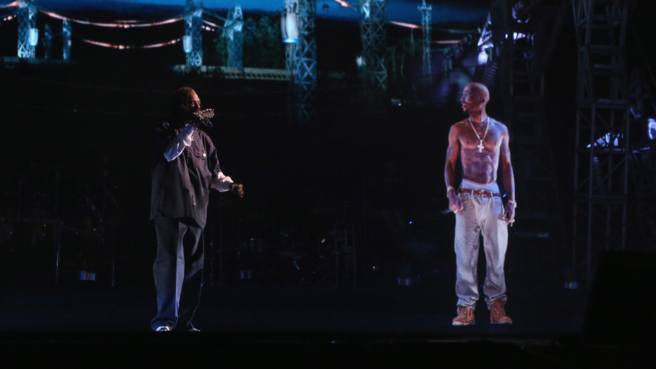 The Ghost of Tupac (right) appears next to Snoop Dogg (left) at the Coachella Valley Music & Arts Festival in 2012
Christopher Polk/Getty Images