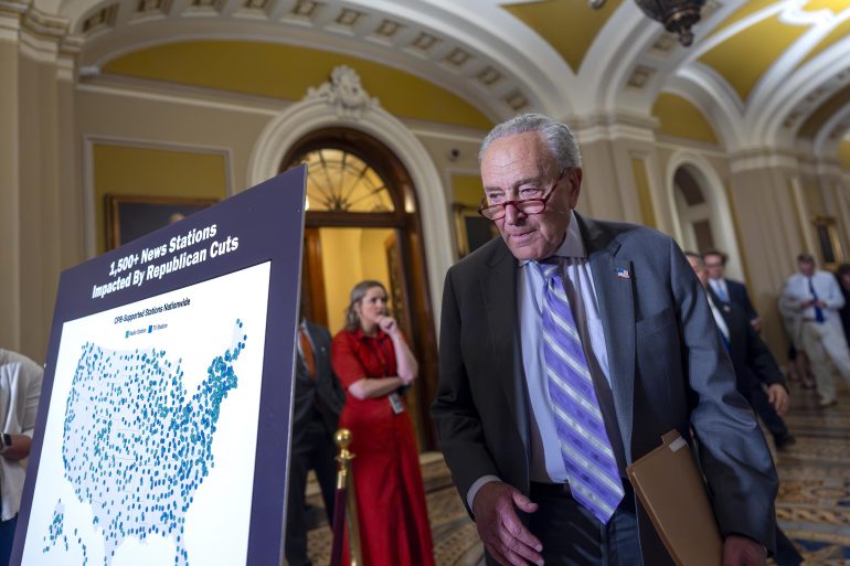 On July 15, Senate Minority Leader Chuck Schumer, D-N.Y., arrives to speak with reporters at the Capitol about Senate Republicans' efforts to claw back $1.1 billion of funding from the Corporation for Public Broadcasting and about $8.3 billion from foreign aid programs.