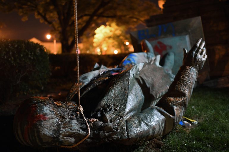 The statue Albert Pike, the only statue of a Confederate general in Washington, D.C., was toppled by protesters on June 19, 2020.