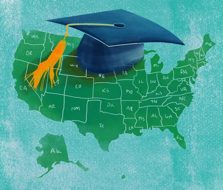 A map of the United States with a graduation cap.
