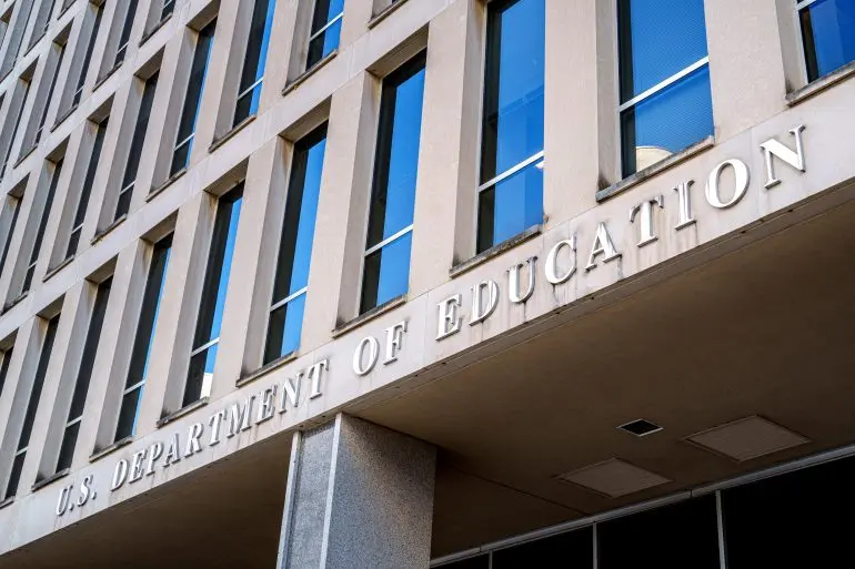 The entrance of the U.S. Department of Education headquarters building in Washington, D.C.